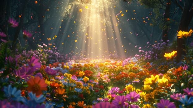 A digital illustration of a vibrant wildflower meadow bathed in sunlight, surrounded by towering trees. The sunlight beams down through the foliage, illuminating the colorful flowers and creating a magical, ethereal atmosphere.