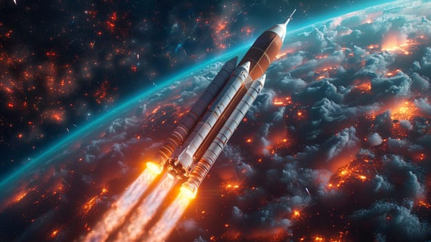 A large rocket is seen launching from Earth into outer space. The Earth is covered in fire and smoke, with clouds covering the planet. The rocket is emitting bright flames as it ascends into the darkness of space.