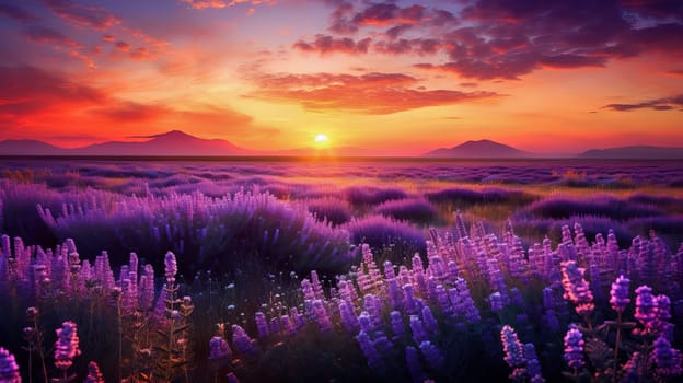 Beautiful landscape sunset field with lavender flowers. Ai art