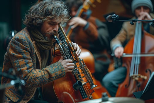 A musician plays a modified cello with a brass instrument during a concert. He is wearing a brown and blue patterned jacket, and the instrument has a gold brass horn attached to the top. The musician is focused on playing the instrument, and he is surrounded by other musicians.