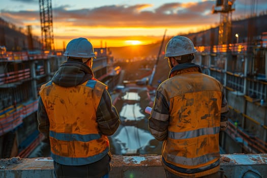 Two construction workers stand side-by-side, wearing safety vests and hard hats, while observing the sunset from a partially constructed building site. The image captures a moment of quiet contemplation amid the hustle and bustle of a busy construction project.