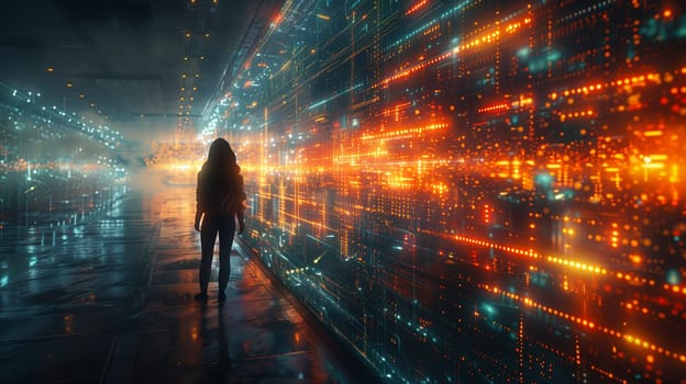 A single, shadowed figure stands in a dark corridor, illuminated by a bright, futuristic cityscape. The wall is adorned with a glowing, digital display of complex patterns and lines. This image evokes a sense of mystery, isolation, and the vast potential of technology.