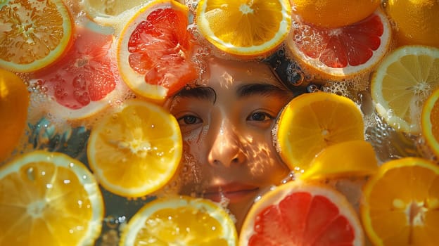 A young womans face is surrounded by slices of citrus fruit floating in clear water. The oranges, grapefruits, and lemons create a vibrant, colorful frame around her face. The light shines through the fruit, illuminating her features.