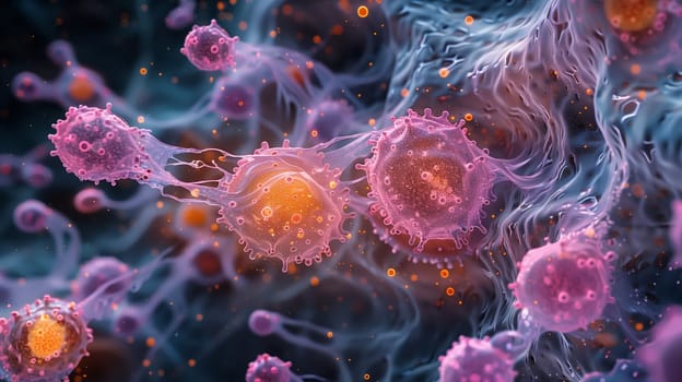 This microscopic image shows several pink and orange cells in a fluid environment. The cells are surrounded by a hazy, blue and purple fluid with small orange particles dispersed throughout. The image is a digital rendering and highlights the delicate, complex structure of these cells.