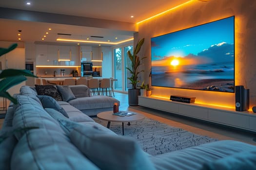A modern living room with a projector screen displaying a scenic sunset over the ocean. The room is illuminated with warm LED lights, creating a cozy and inviting atmosphere. A comfortable grey sectional sofa sits in front of the screen, with a coffee table and a rug adding to the interior design.