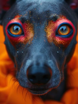 A close-up portrait of a black dog with glitter makeup around its eyes and a blurred orange background. The dogs eyes are bright blue, and the glitter is a shimmery gold and pink.
