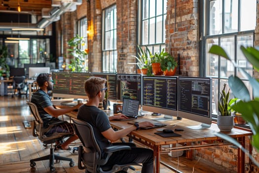 Two programmers work at a large desk in a loft office, each with multiple monitors. They appear to be collaborating on a project, with several lines of code visible on the screens. The office features exposed brick walls, large windows, and plants for a modern, stylish aesthetic.