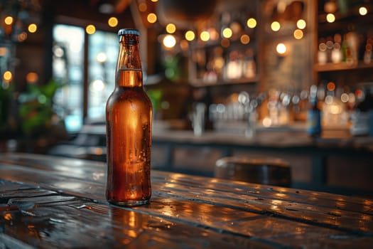 A single bottle of beer sits on a wooden bar table. The bottle is partially obscured by a soft glow coming from a string of lights hanging above. The background is a blurry image of a bar with shelves and a counter, and the atmosphere is dimly lit and inviting.
