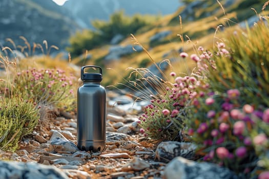 A black water bottle with a black lid and a carrying handle sits on a bed of small stones in a mountain meadow. The bottle is in focus and the meadow with its green grasses and pink wildflowers is blurred in the background.