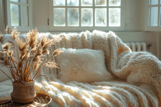 This image shows a cozy white knit blanket and pillow on a couch near a window. Dried pampas grass in a vase sits on a table in the foreground. The sunlight streams through the window, creating a warm and inviting atmosphere.