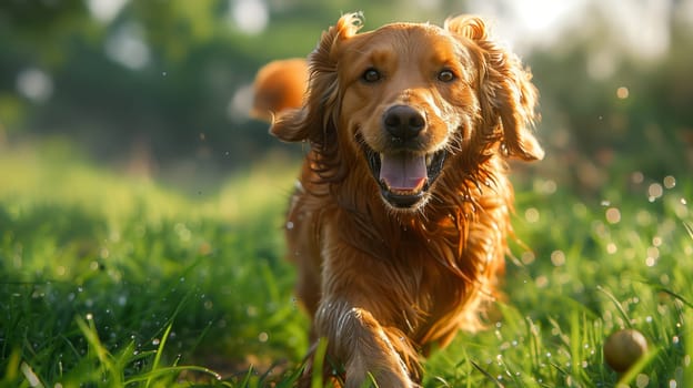 A Golden Retriever runs through tall green grass, its tongue lolling out in a happy expression. The sun shines brightly through the leaves of trees in the background, creating a warm and inviting atmosphere.