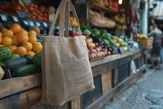A brown burlap tote bag hangs on a wooden produce stand at an outdoor market. The stand is full of fresh produce, including oranges, watermelons, zucchini, and eggplant. The bag is in focus, while the produce and market are blurred in the background.