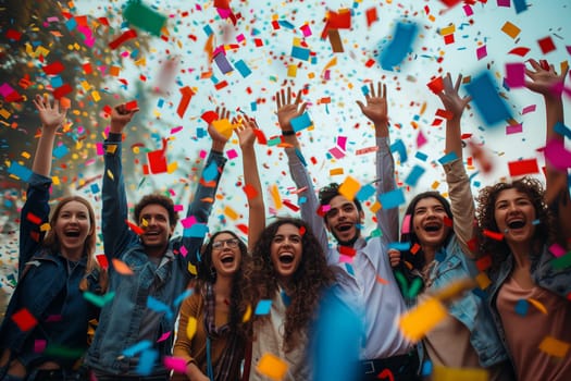 A group of young adults, dressed casually, are celebrating a special occasion with confetti falling around them. They are all smiling and laughing, enjoying the moment. The bright colors of the confetti and the happy expressions on their faces create a festive and joyful atmosphere.