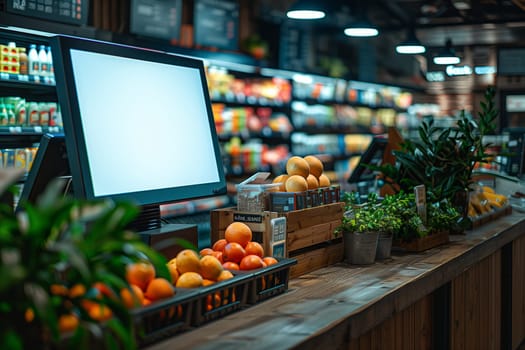 A modern grocery store checkout counter with a blank screen display, a wooden counter top, and fresh produce in crates. The image highlights the modern design of the checkout area, with sleek technology and natural elements.
