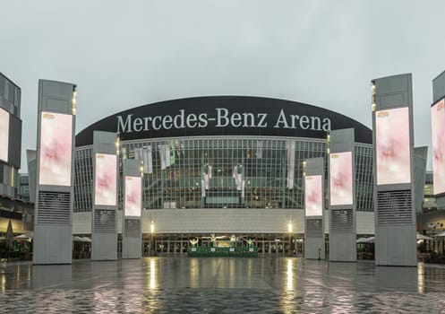 Berlin, Germany - Dec 19, 2023 - The multi-purpose hall of the UBER Arena (former Mercedes Benz Arena) in the Friedrichshain neighborhood. It holds important sport and entertainment events, Space for text, Selective focus.