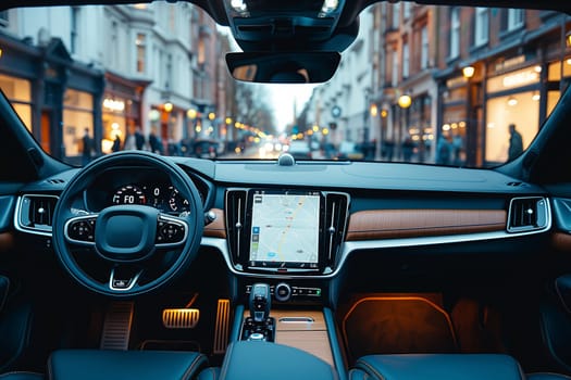 This image shows the interior of a modern car driving through a city street at dusk. The cars dashboard is visible, including the steering wheel, navigation system, and gear shifter. Through the windshield, one can see the blurry lights of the city at night. The image captures the feeling of a comfortable and modern driving experience.