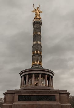 Berlin, Germany - Dec 20, 2023 - The victory column with Goddess Victoria to Celebrate Prussia's victory in the Franco-German War in the Tiergarten, One of the most important sights of Berlin and one of the most important national monuments of Germany, Copy space, Selective focus.