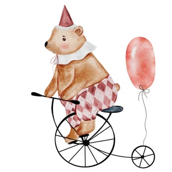 Circus bear watercolor. Cute animal on a bicyclewith a balloon vintage hand drawing. Baby clip art isolated on white retro background. Ideal for nursery posters, cards and entertainment invitations. High quality photo