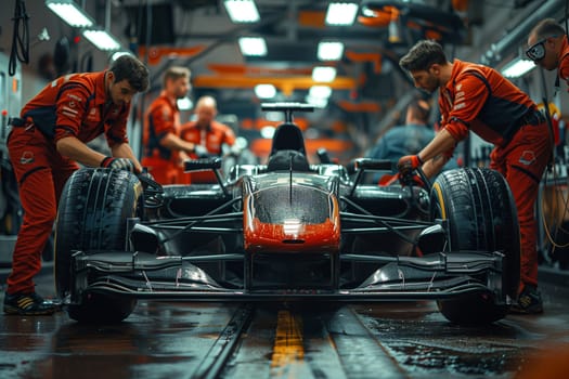 This image shows a group of mechanics working on a Formula One race car in a garage. They are wearing red racing overalls and are working on the cars tires and suspension. The car is black and red, and is covered in droplets of water, suggesting that it has just been washed. The garage is well-lit, and there are several fluorescent lights overhead.