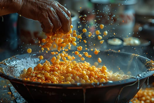 A hand adds freshly cooked corn kernels to a large metal bowl filled with corn kernels and spices. The kernels are golden yellow and the steam from the cooking process is visible in the air.