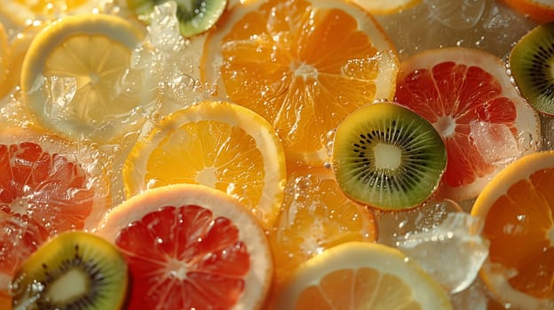 A close-up image showcasing a vibrant medley of citrus fruits, including lemon, orange, grapefruit, and kiwi, submerged in ice water. The refreshing scene captures the natural beauty of these fruits, with their juicy segments and glistening textures. The ice cubes add a touch of coolness to the composition, hinting at a delightful summer beverage or a refreshing treat.