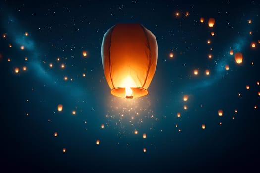a burning Chinese lantern flying in the night sky.