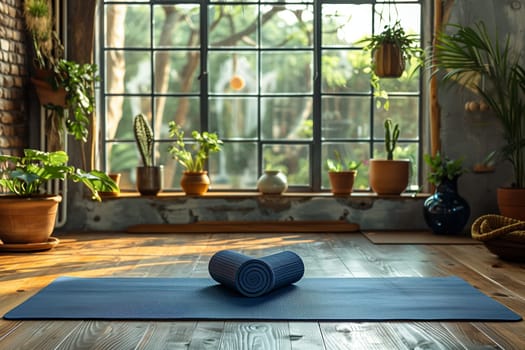 A blue yoga mat is rolled up and placed on a wooden floor in front of a large window. The window is filled with plants, and the room is brightly lit by the natural light coming through the window. The image suggests a peaceful and serene setting for yoga practice.