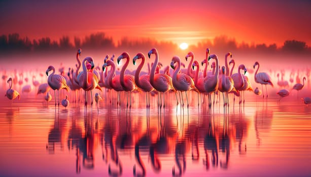 pink flamingos gracefully stand in the water in shallow water at sunset.