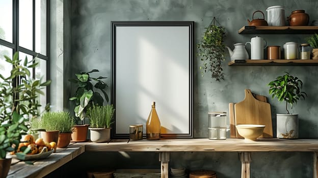 A rustic kitchen with a large blank frame on the wall. There are various plants and greenery throughout the kitchen, including a large leafy plant in a pot on the counter. A wooden countertop sits beneath the frame, with a glass jar, a bottle, and a small box. There are wooden shelves on the wall with various kitchen items, and a small tree in a pot on the counter. The kitchen has a rustic and farmhouse aesthetic.