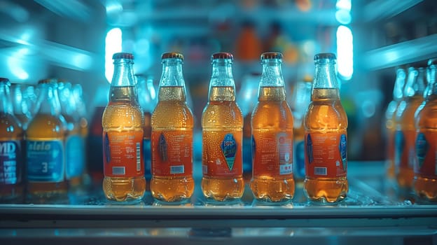 A close-up image of several chilled, amber-colored soda bottles in a refrigerator. The bottles are arranged side-by-side, with condensation visible on their surfaces. The cool blue glow of the refrigerator lights creates a visually appealing contrast against the warm hues of the bottles.