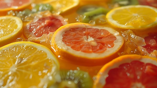 A close-up shot of a bowl filled with various citrus fruit slices, including lemons, oranges, and grapefruits, floating in ice water. The vibrant colors of the fruit and the refreshing nature of the ice water create a visually appealing and appetizing image.