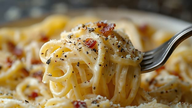This image shows a close-up view of a fork lifting a portion of creamy carbonara pasta. The pasta is topped with bacon, parmesan cheese, and black pepper. The image highlights the rich, creamy texture of the dish, making it appear appetizing.