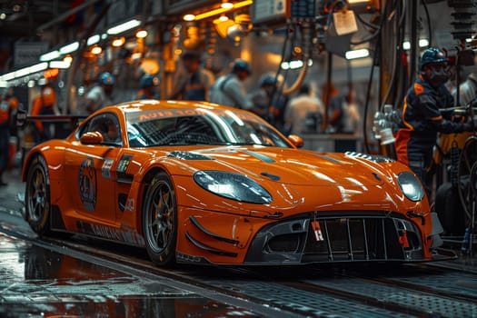 The photo shows an orange race car being assembled in a factory. The car is on a platform, and workers are visible in the background. The car is brightly lit, and its sleek lines are on display.