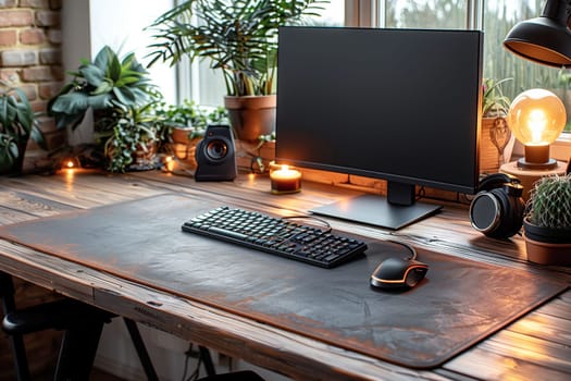 This is a modern home office desk setup with a black monitor, keyboard, and mouse. There are also plants, a candle, and a lamp on the desk. The desk is made of wood and has a rustic look. The image is taken from a slightly elevated angle and shows the desk in a well-lit environment.