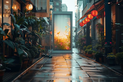 A narrow city alleyway lined with shops and businesses, featuring a large illuminated sign with a vibrant floral scene, red lanterns hanging above the shops, and a wet pavement reflecting the light. The scene is peaceful and calm, with a sense of quiet solitude.