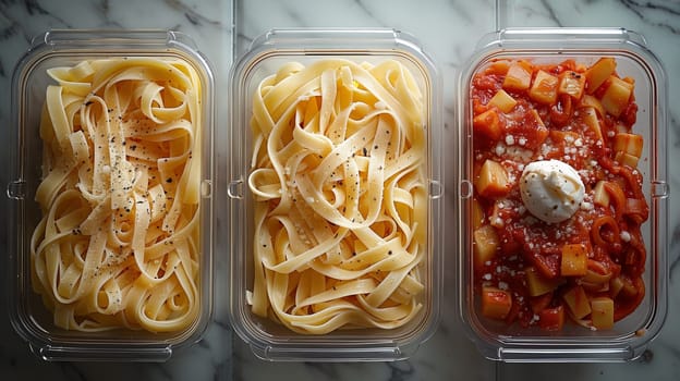 A close-up image of three plastic containers of cooked fettuccine pasta. The first container is filled with plain cooked fettuccine pasta with pepper. The second container is filled with the same fettuccine pasta, but with a creamy white sauce. The third container is filled with fettuccine pasta in a tomato sauce with a white dollop of cream on top.