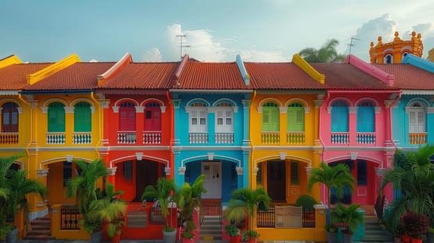 A row of houses in a tropical city, each painted in a vibrant, bright color, creates a visually stunning scene. The houses are lined up side by side, with red tile roofs and arched windows. The houses are decorated with small, potted plants and a fence. The sky is a clear blue, and the day is sunny.