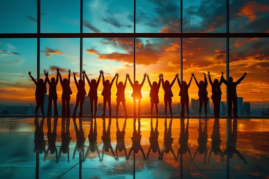 A group of people stand in silhouette, facing a beautiful sunset over a city skyline, with their hands held high in the air. The warm glow of the sun illuminates the clouds behind them, creating a picturesque backdrop for this moment of unity and celebration. Their raised hands and the vibrant colors of the sky evoke a sense of hope and optimism.
