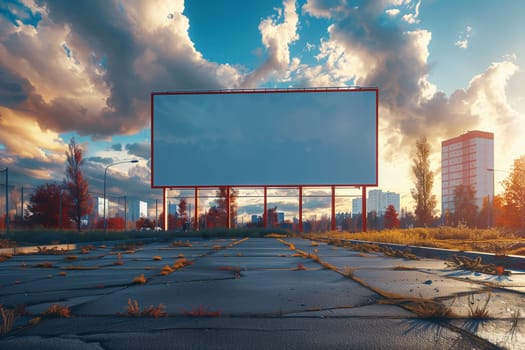 A large blank billboard stands in the foreground of the image, against a backdrop of a cityscape silhouetted against a vibrant sunset sky. The billboard is positioned on a paved road that leads toward the cityscape, with overgrown grass and foliage on either side of the road. The clouds in the sky are a mix of fluffy white and deep, rich hues of orange and purple.