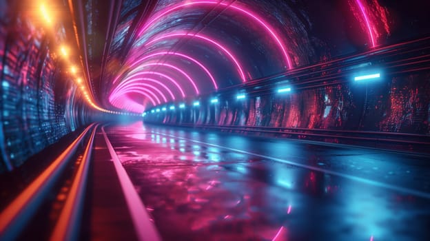 This image shows an empty, dark tunnel illuminated by a series of bright pink and blue neon lights. The tunnels walls are textured with a rough, industrial look and have a series of blue lights along them. The floor is wet and reflects the neon light. The tunnel curves slightly and extends into the distance, creating an illusion of depth and mystery.