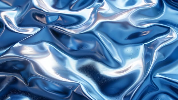 A close-up image of a blue fabric with a shiny, reflective surface. The fabric is draped and folded, creating a variety of textures and shapes. The light reflects off the surface of the fabric, creating a dynamic and abstract pattern.