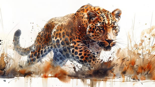 This is a watercolor painting of a leopard walking through tall grass. The leopard is in focus and the grass is blurred in the background. The painting is done in a realistic style and the colors are vibrant and rich. The leopards coat is a beautiful mix of brown, black, and orange.