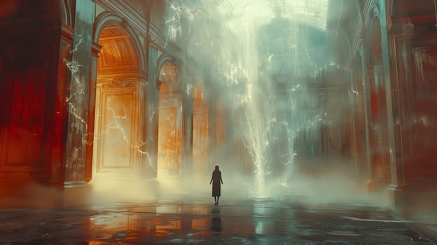 A lone figure stands in the center of a dimly lit ancient temple, shrouded in a misty fog. The temple features high ceilings and grand columns that appear to be made of marble. The figure seems to be looking up at a mysterious, glowing light emanating from a doorway in the distance. The light casts an ethereal glow throughout the temple, creating an otherworldly ambiance.