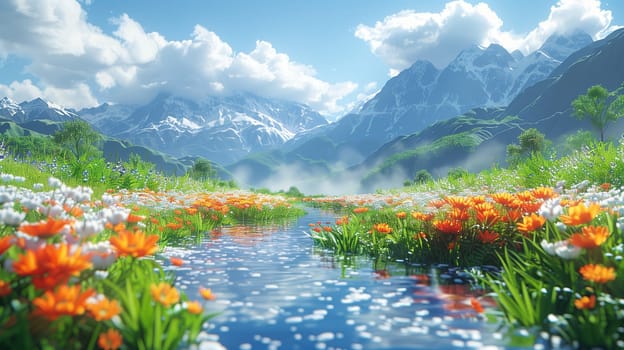 A picturesque mountain stream winds its way through a field of vibrant orange and white wildflowers, with snow-capped mountain peaks rising in the background under a bright blue sky dotted with fluffy white clouds. The scene is bathed in sunlight, creating a sense of tranquility and serenity.