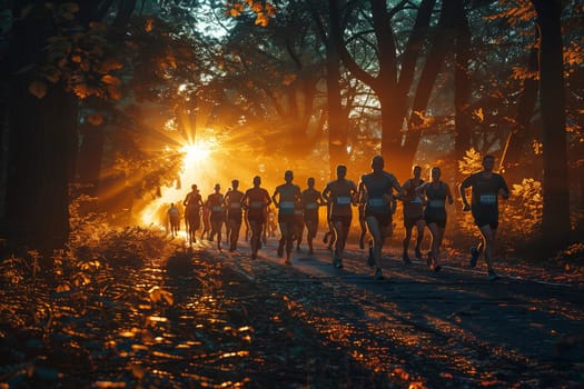 This image shows a group of runners running through a forest path during sunrise. The runners are silhouetted against the bright orange and yellow light of the sun, which is shining through the trees. The path is covered in leaves, and the air is filled with a sense of peace and tranquility.