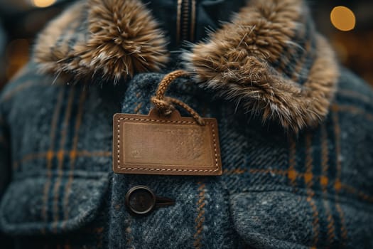 This image shows a close-up of a winter jacket with a plaid design. The jacket has a fur trim around the collar and a leather tag hanging from the front. The fabric of the jacket appears to be warm and comfortable, suitable for cold weather.