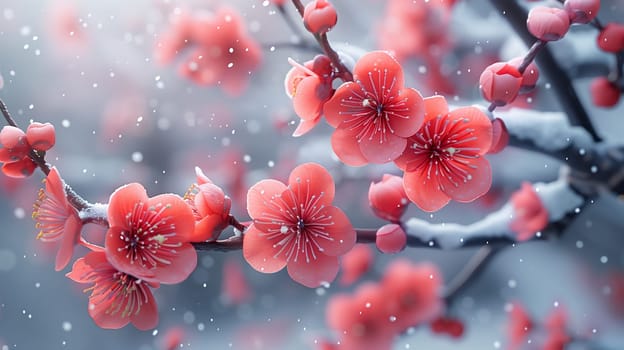A close-up image of pink peach blossoms blooming on a branch during a winter snowfall. The delicate petals are covered in a light dusting of snow, creating a beautiful contrast of colors and textures. The background is a soft blur of white and grey, highlighting the beauty of the flowers in the forefront.