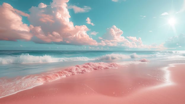 This image showcases a beautiful pink sand beach with soft, white waves gently lapping at the shore. A bright blue sky with fluffy, white clouds dominates the upper part of the image, creating a serene and tranquil atmosphere.
