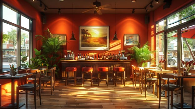 This is a photo of a restaurant interior, with red walls, large windows that let in the afternoon sun, and a bar with stools. The restaurant is decorated with plants and has a warm and inviting atmosphere.