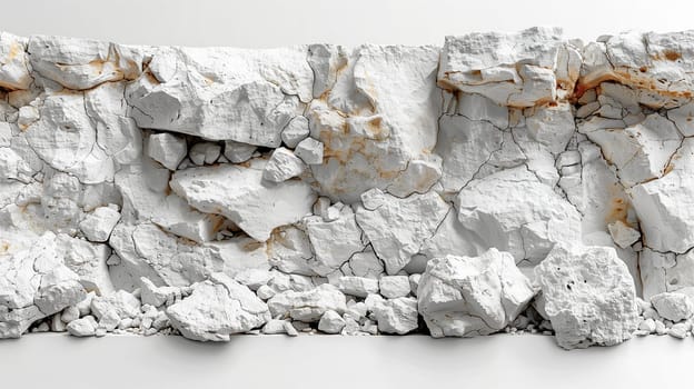 A close-up shot of a white rock wall that has cracked and broken, with several large rocks fallen to the bottom of the wall, all against a plain white background.